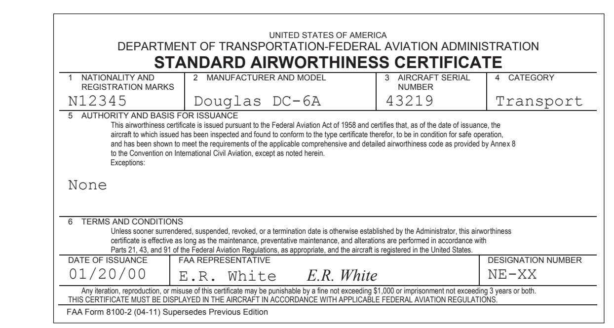 FAA Form 8100-2 표준감항증명서의 국적·등록·제작사·일련번호·범주·근거·조건 칸